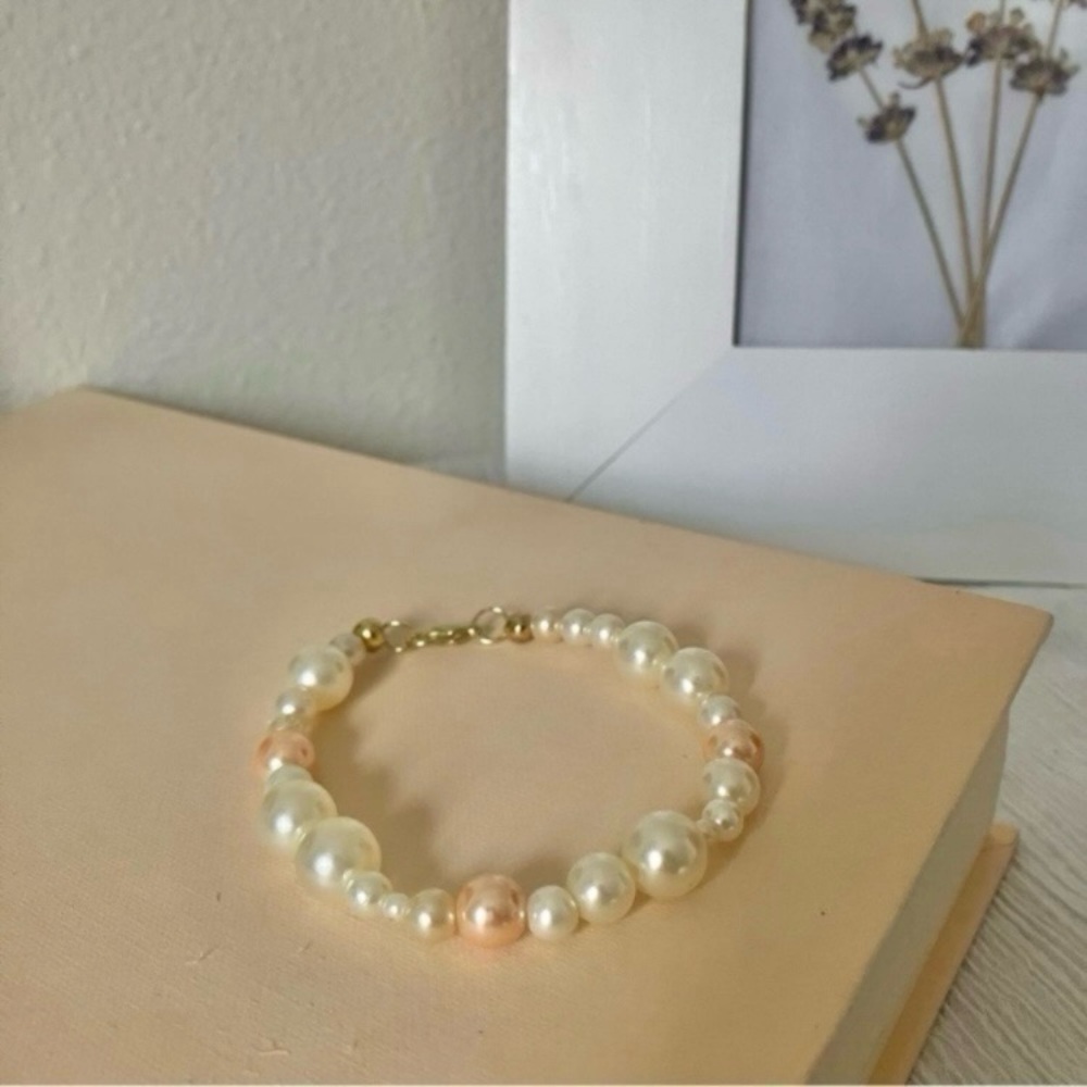 Handmade Pink White Pearl Bracelet “Lydia” Asymmetric Unique Feminine Classic